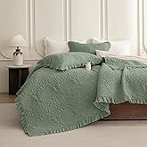 QSH 3PCs Green Oversized King Quilt Bedspread Set(120"x120"),Stonewashed Cotton Ruffled Quilt California King,Ultra Soft Lightweight Crinkled Shabby Bedspread Coverlet Bed Set for All Seasons