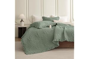 QSH Olive Green Stonewashed Cotton Oversized King Quilt Bedspread Set(128"x120"),3PCs Farmhouse Ruffled Bedspread California King,Ultra Soft Lightweight Crinkled Quilt Coverlet Set with Pillow Shams