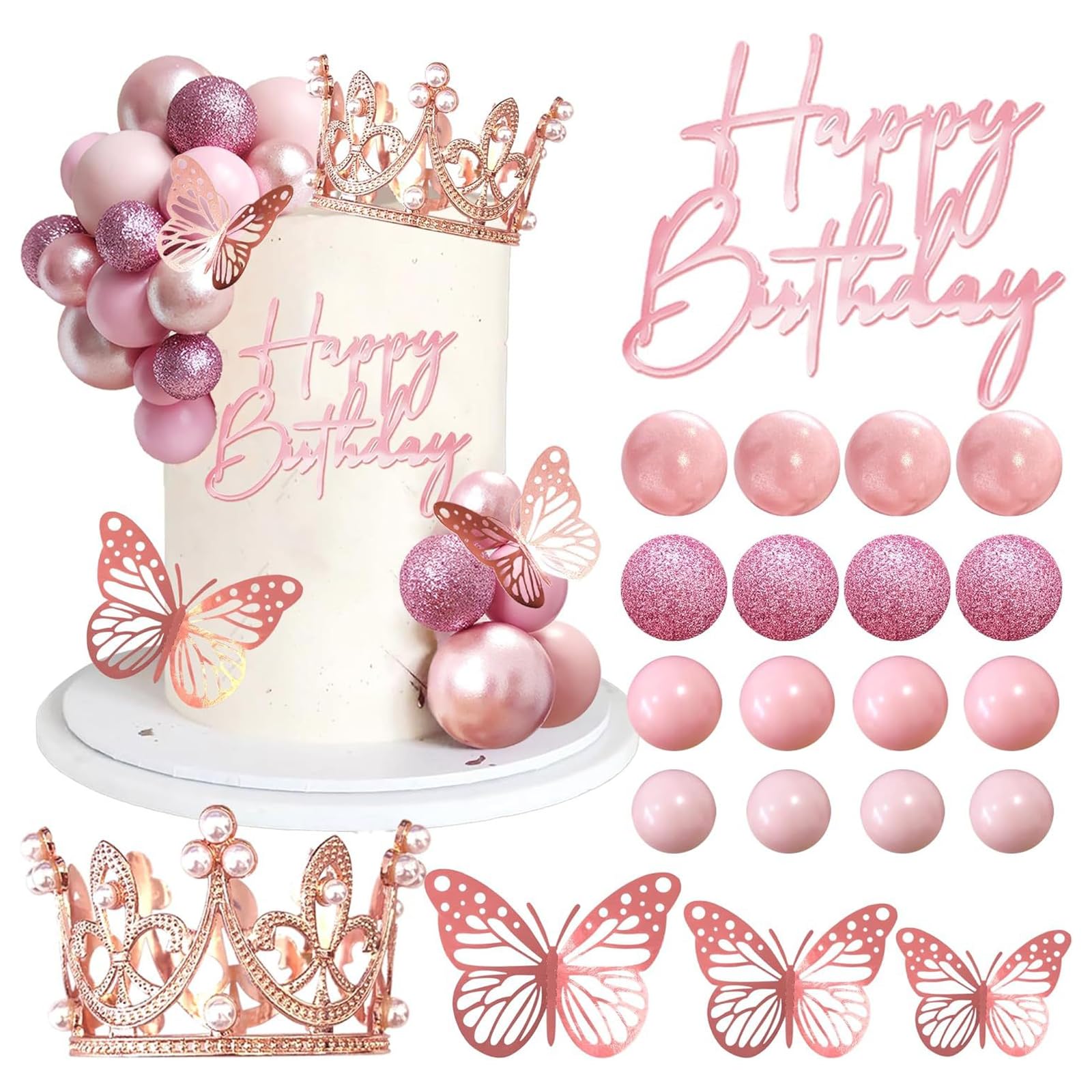 Elegant Crown Cake Topper Set with Golden Birthday Decorations, Butterfly Accents & Princess Crown for Women's Wedding Party Cake Decorations (Rose Gold)