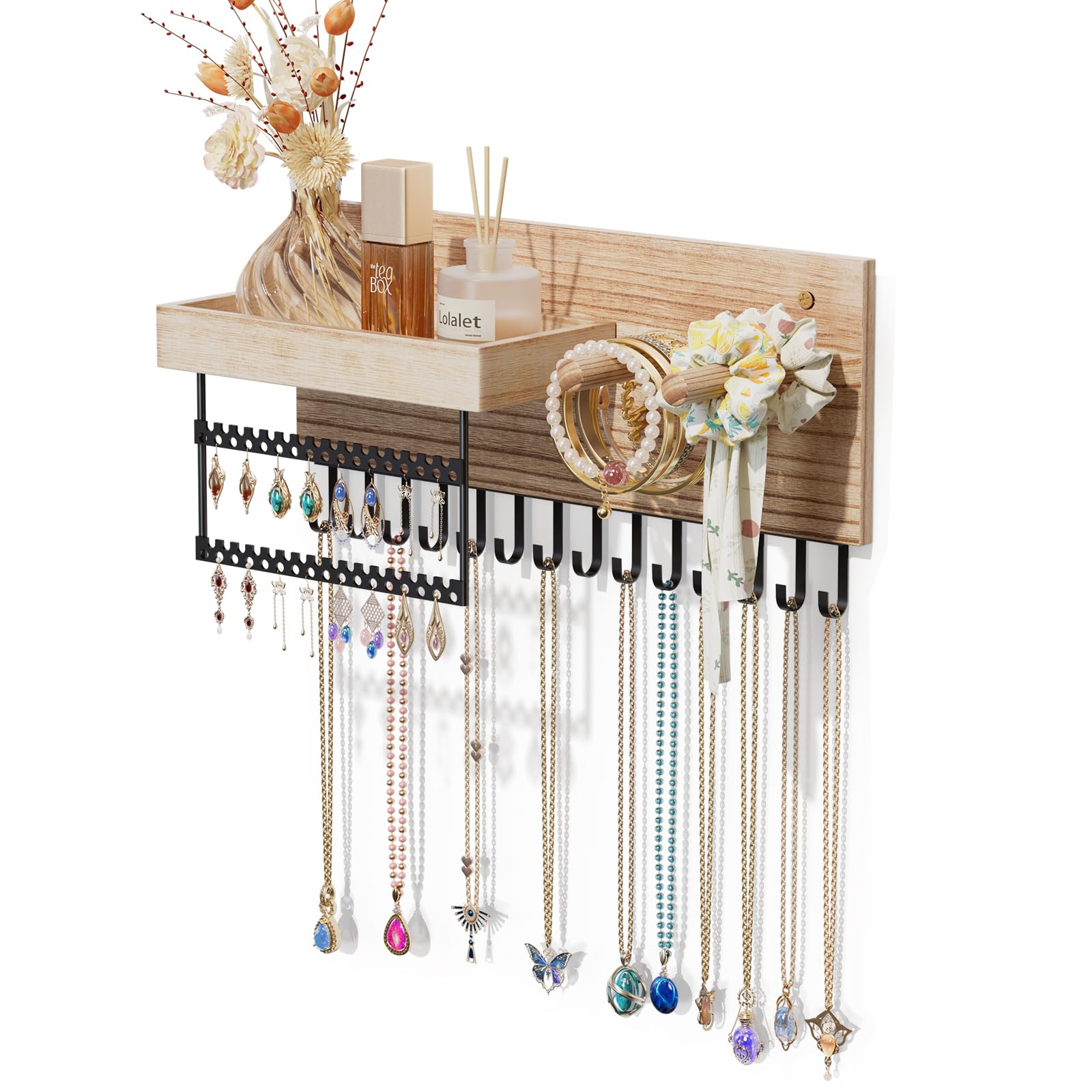 Photo 1 of Lolalet Wall Mounted Hanging Jewelry Organizer, 15 Hooks Wooden Necklaces Holder with Storage Shelf, Easy Install Earrings Bracelets Hanger -Light Brown