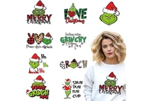 SHANRUN 9 Pcs Christmas Decorations Iron on Patches for Clothes T Shirts- Grinchs Iron on Transfers Decal - Xmas Iron on Letters Christmas Tree Finished Design Vinyl Stickers for Bag Clothing Pillow DIY Decor