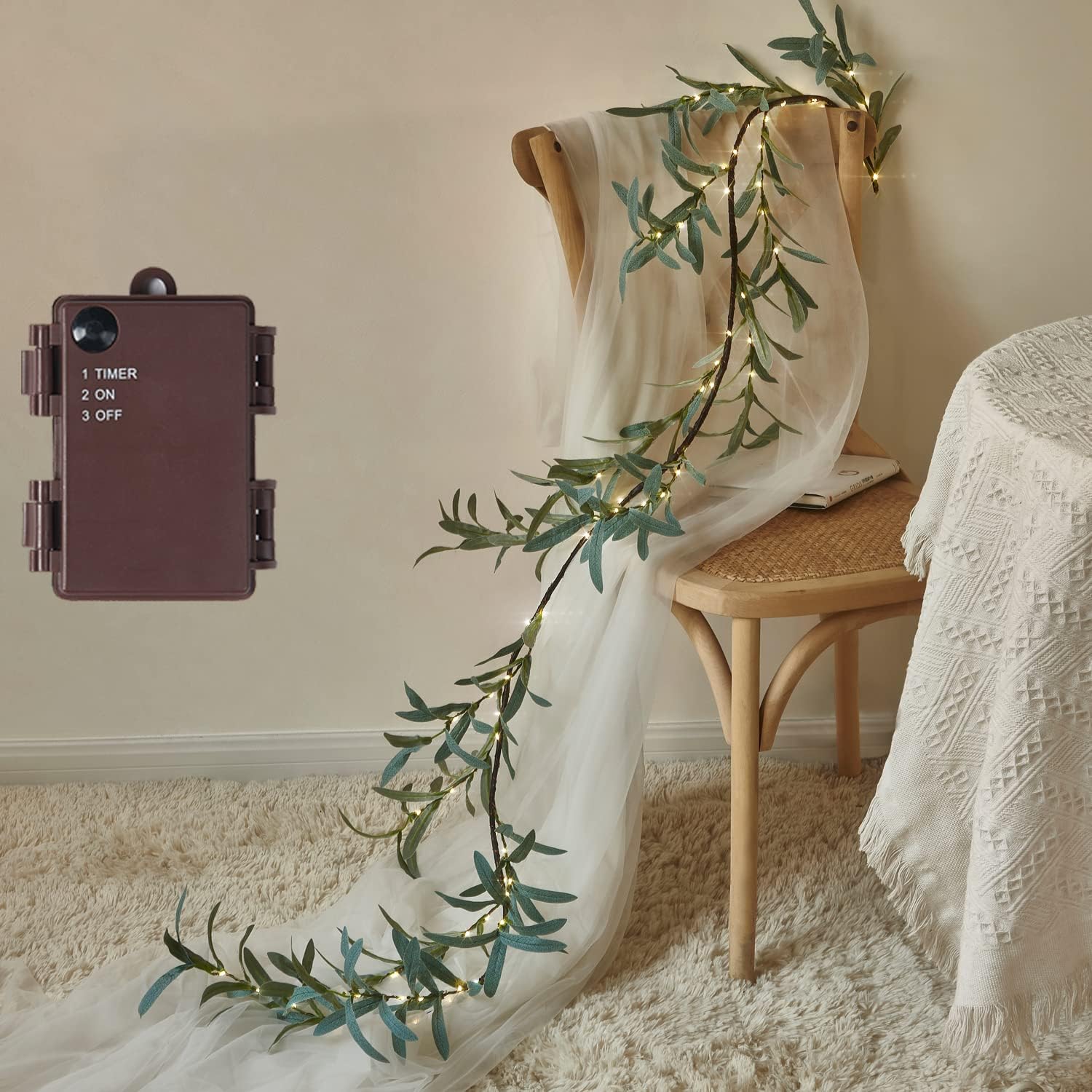 Wreaths, Garlands & Swags - Fudios Lighted Olive Garland Battery Operated with Timer 96 LED Fairy Lights 6ft, Mantle Fireplace Vine Garland with Lights for Decoration Inside Outside Christmas Valentines Wedding