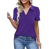 ANAJONRI Women's Polo Shirts Collared Work Tops Short Sleeve Business Casual Dressy Blouses Summer Tops with Pocket