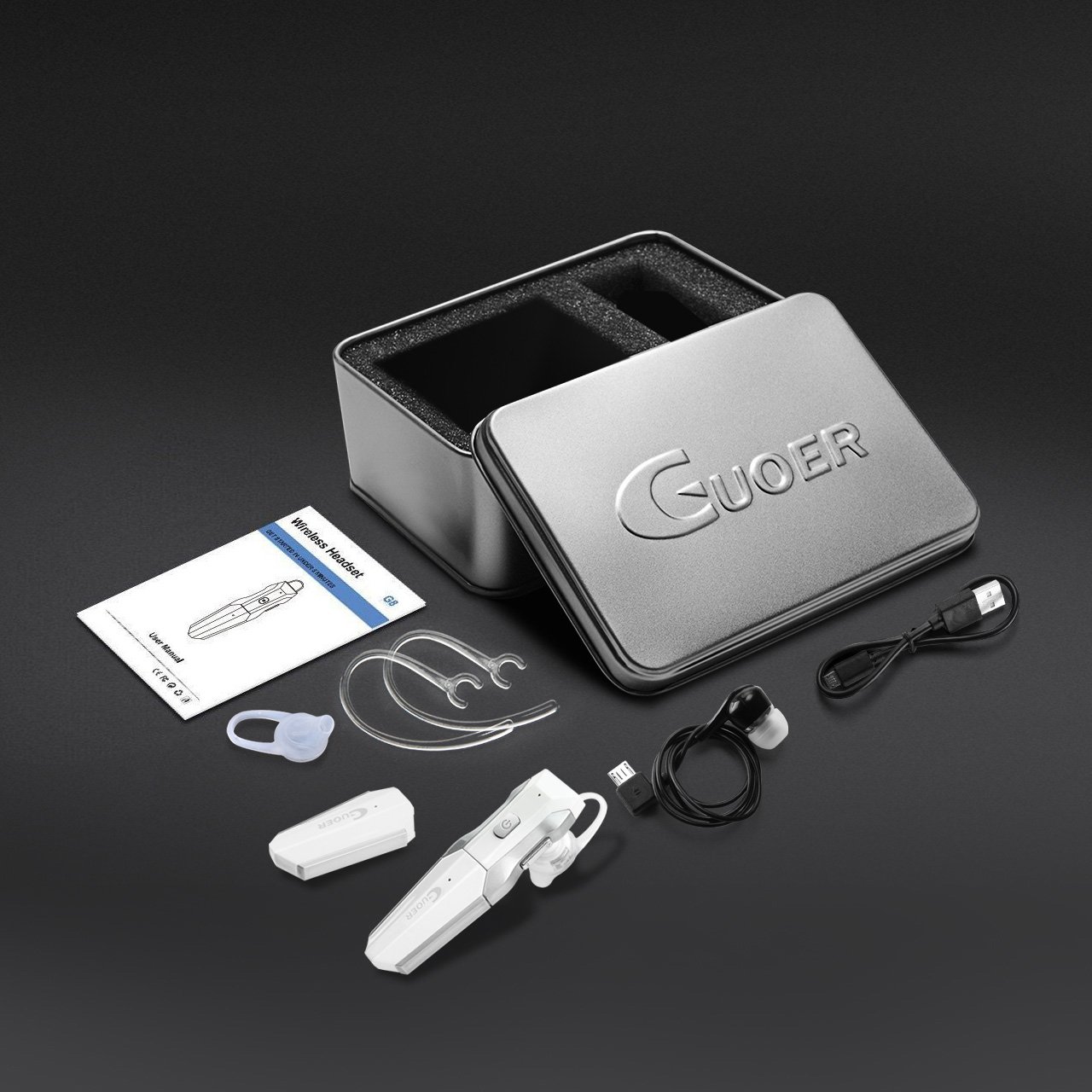 GUOER Bluetooth Headset with Backup Battery Noise Cancellation Wireless Bluetooth Earpiece With Microphone Driving Handsfree Earbuds(White/Silver)