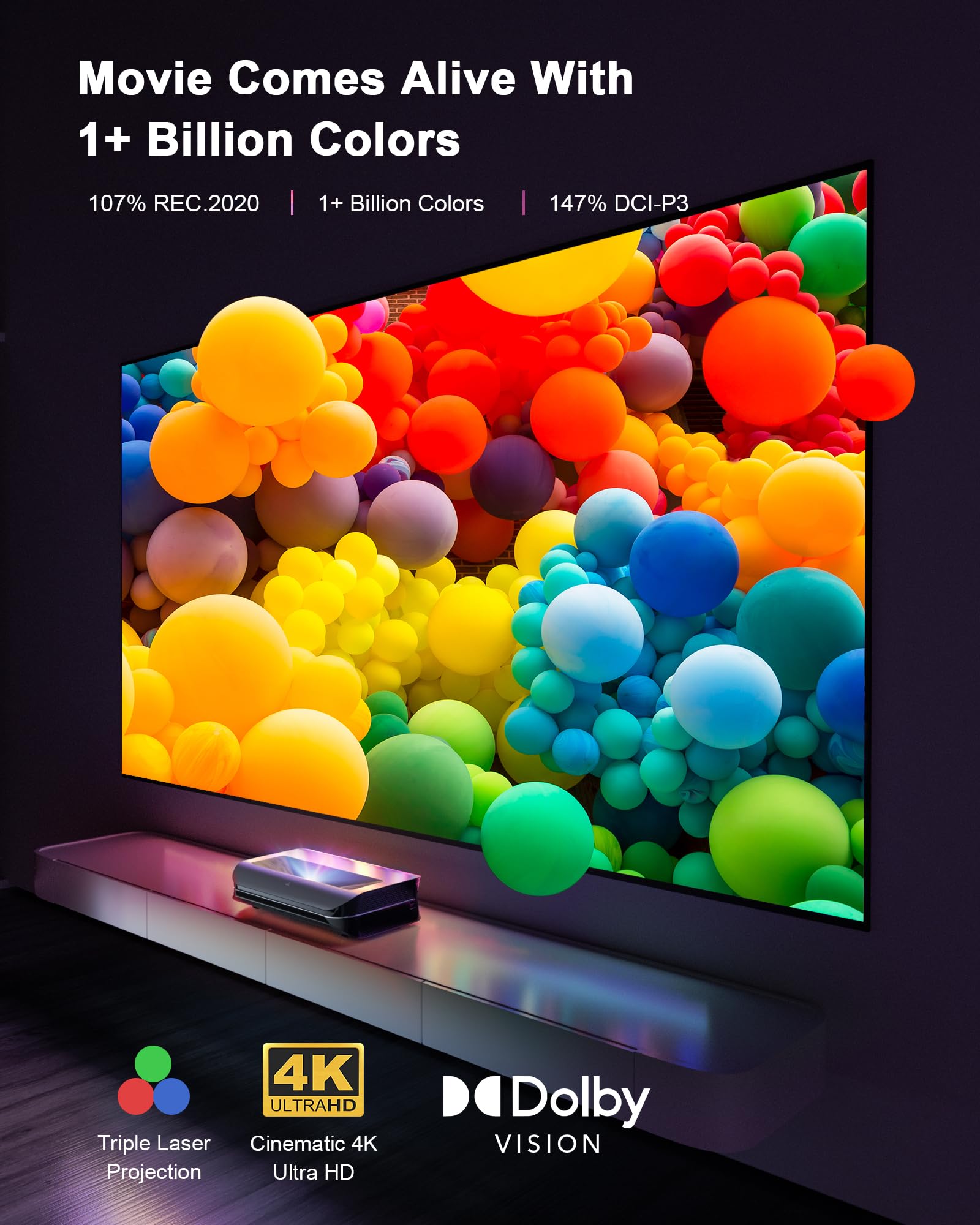 AWOL VISION LTV-3000 Pro 4K 3D Ultra Short Throw Triple Laser Projector, Dolby Vision & Atmos, HDR10+, 150