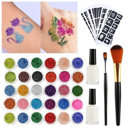 Tattoo-Kit,Glitzer-Tattoo-Set Temporäre Tattoos 24 Farben der Glitzer 118 Blatt Themed Tattoo Schablone Temporäre Tattoos für