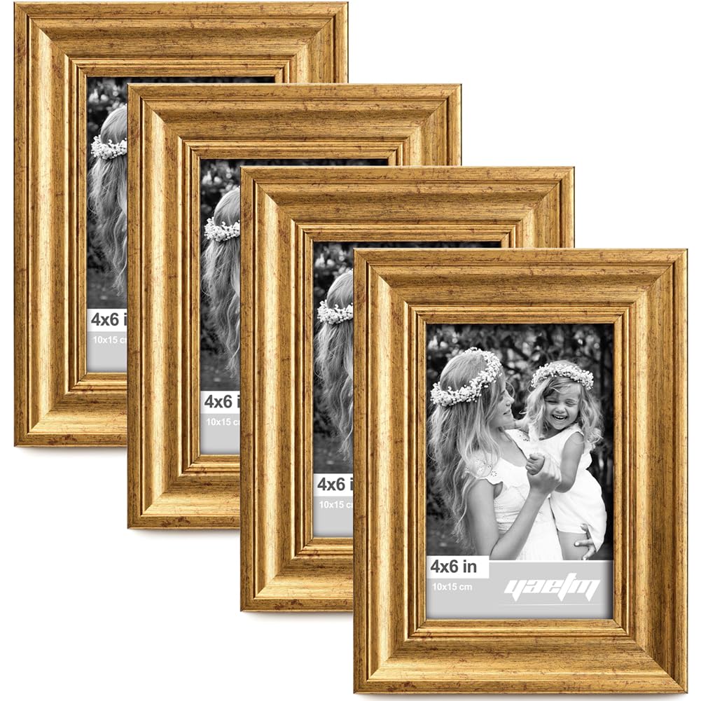 Photo 1 of Yaetm 4x6 Gold Picture Frame Set of 4, 1.4” Wide Molding & Rustic Gold Photo Frames with HD Tempered Glass, Display on Tabletop & Wall Mounting