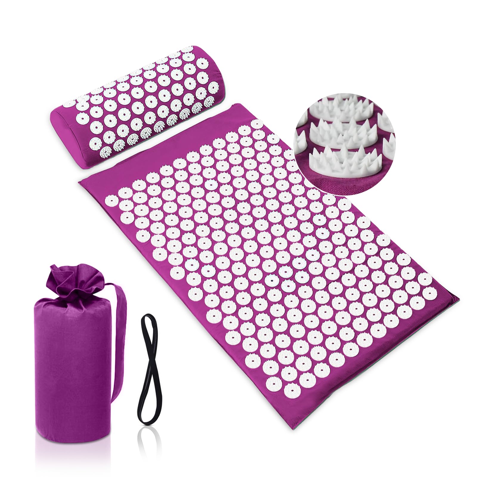 BULZEU Acupressure Mat & Pillow Set, Acupuncture Mat with Travel Bag for Relieving Back, Neck and Shoulder Pain, Purple