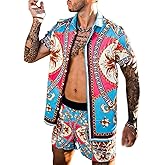 Men's Hawaiian Sets Short Sleeve Luxury Print Casual Button Down Dress Shirt Top and Shorts