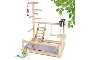 Joyeee Parrot Perches, with 2 Stainless Steel Bird feeders, Drop Tray, Stand Pole, Colorful Ladder and Swing Toy, Bird Table Top Stand for Promote Healthy Feet, Parakeet Cage Bird Cage Decor