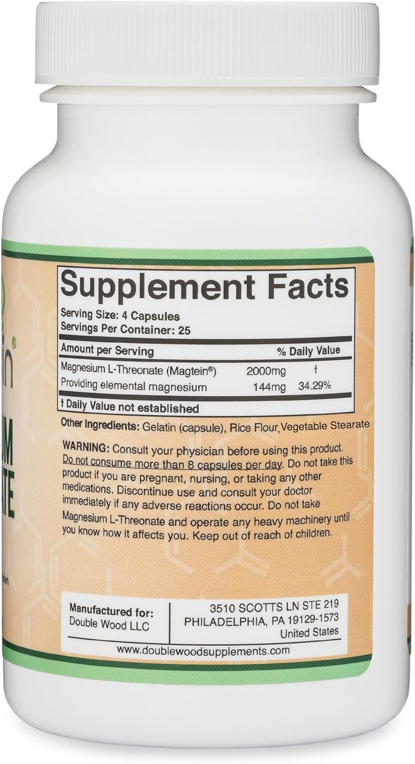Magnesium L Threonate, Magtein, Sleep and Cognitive Support – High Absorption – Most Bioavailable Form of Magnesium – 2,000 mg – 120 Capsules