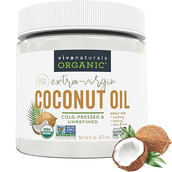 VIVA NATURALS ORGANIC COCONUT OIL, 16 FL OZ – UNREFINED, COLD-PRESSED EXTRA VIRGIN COCONUT OIL, USDA ORGANIC & NON-GMO, NATURAL COOKING OIL, HAIR OIL & SKIN OIL