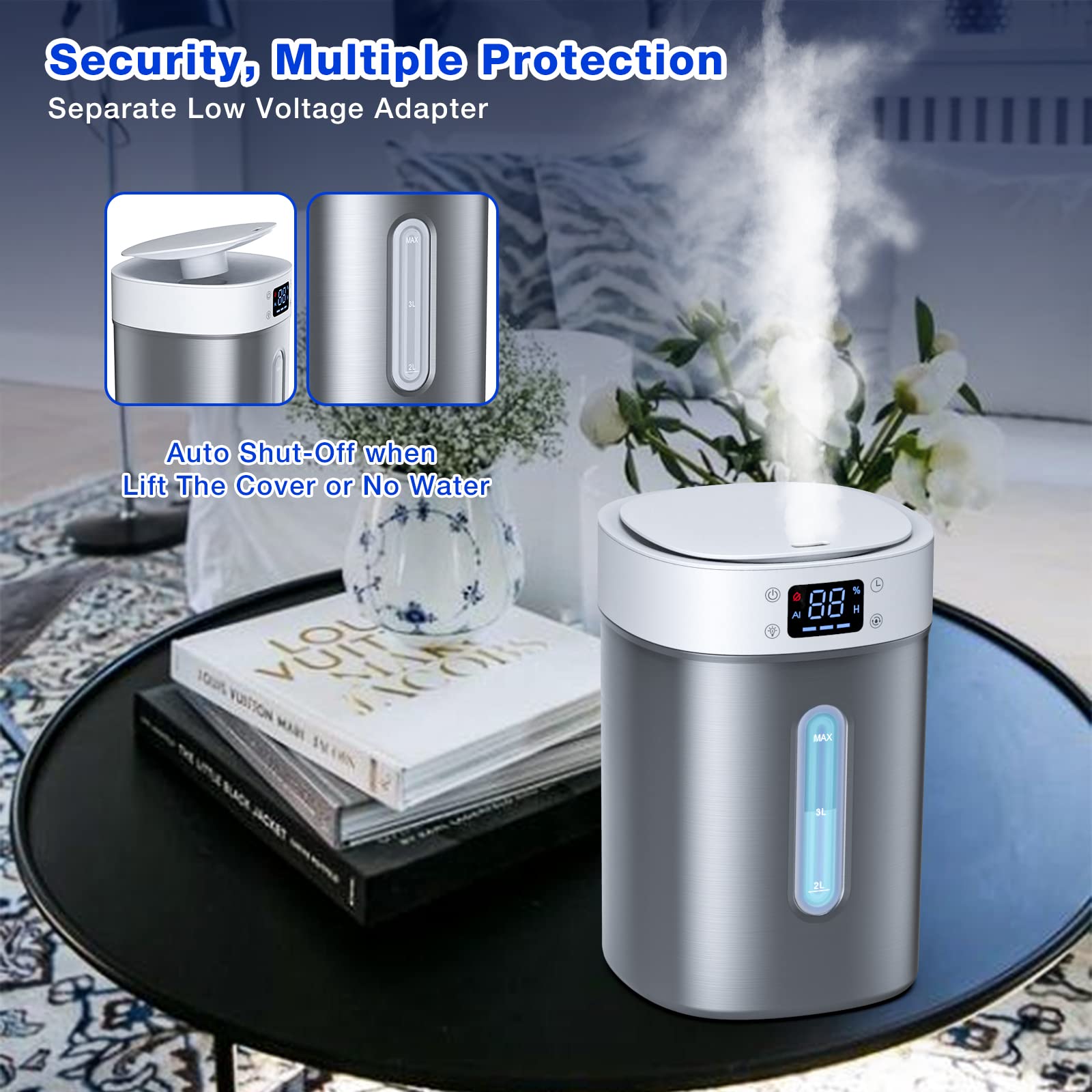 4L Ultrasonic Cool Mist Humidifier with 304 Stainless Steel Tank, Auto Humidity Control, Night Light, and Timer - For Large Rooms and Baby