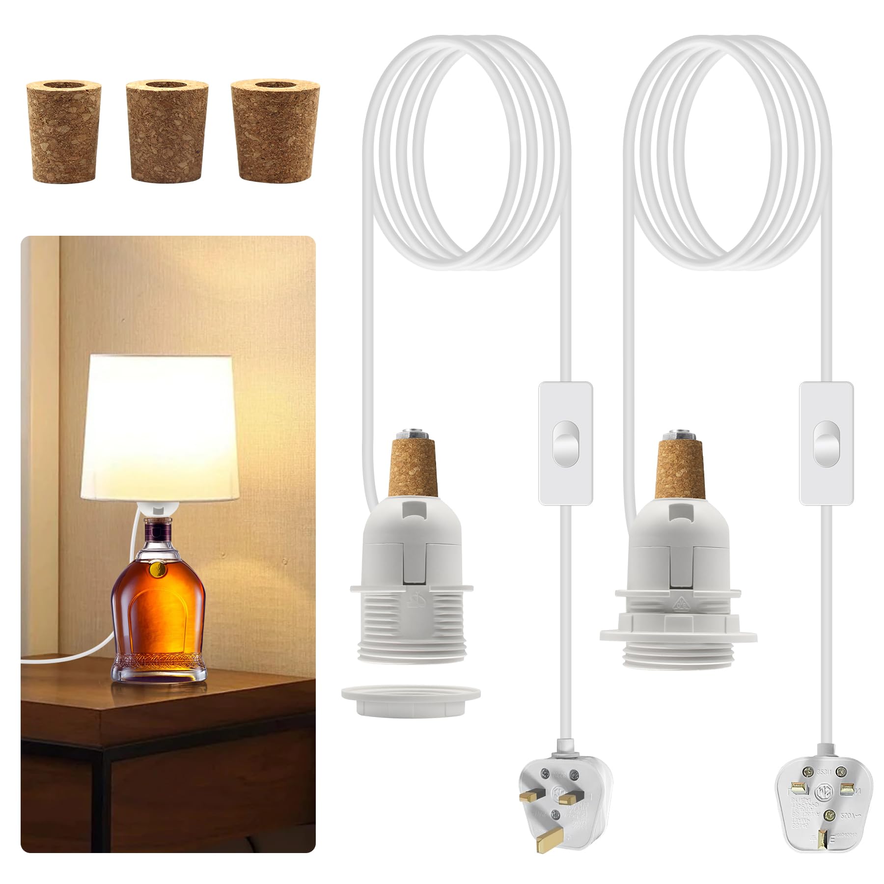 Bottle Lamp Kits, 2 Pack Bottle Lamp Adaptor Kit, Lamp Kits Do it Yourself, E27 Lamp Holder with Lampshade Locking Ring, Lamp Fittings Kit for Table Lamp, Floor Lamp kit Includes 3 Sizes of Stoppers