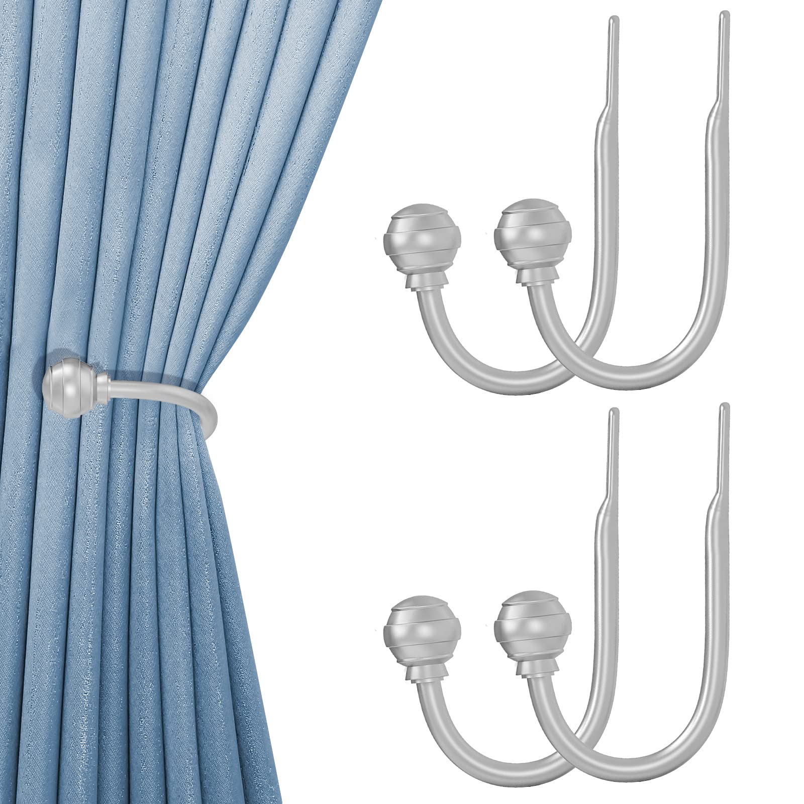 Hion Curtain Holdbacks Silver, 4pcs Wall-Mounted Metal Curtain Tie Backs Curtain Hooks Holders for Hanging Curtains Other Items