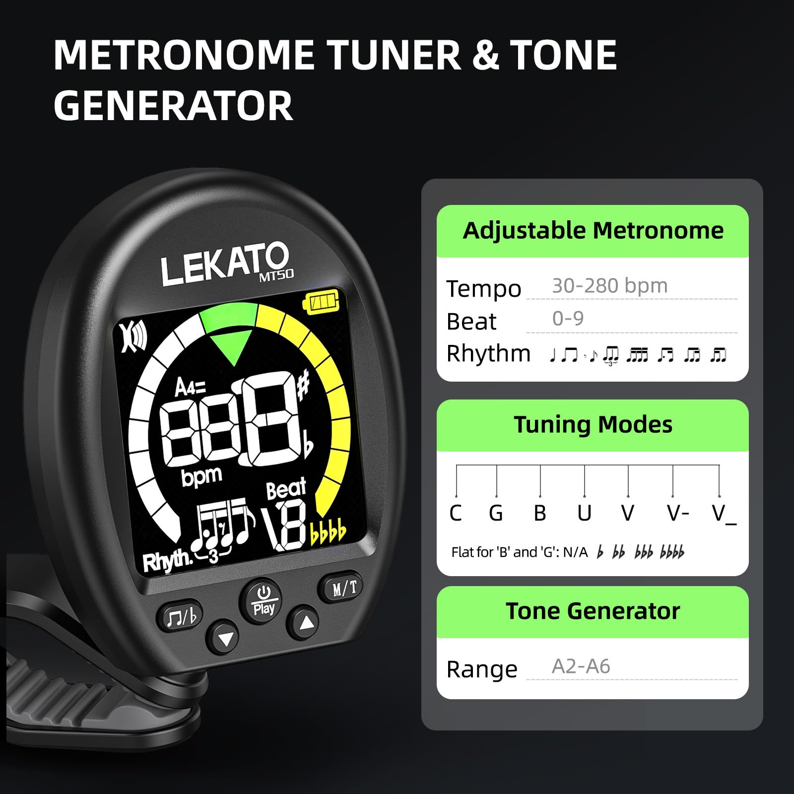 3 in 1 Stimmgerät Gitarre, Metronom-Tongenerator,LEKATO Wiederaufladbares chromatisches tuner mit Farbdisplay und Metronom, Clip-On Tuner für Gitarre, Bass, Ukulele, Violine und andere Instrumente 3