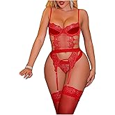 SOLY HUX Women's Lingerie Set 4 Piece Lace Garter Lingerie Underwire Bra and Panty with Stockings