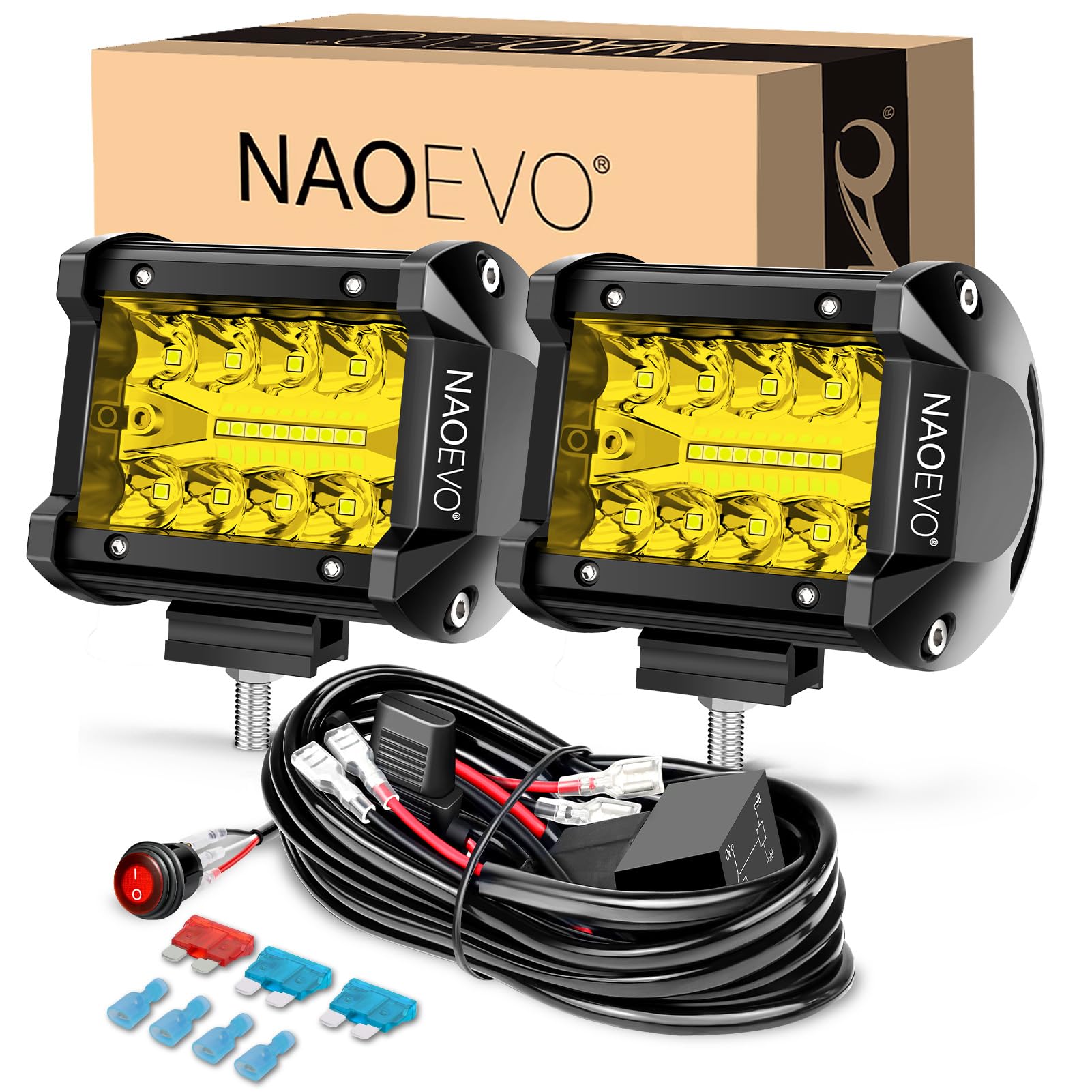 Photo 1 of NAOEVO 4 Inch LED Pod Lights, Spot Flood Yellow LED Fog/Driving/Off Road Lights with 2 Leads Wiring Harness, Cube Pods for Truck Boat ATV UTV, 2 Pcs (Yellow)
