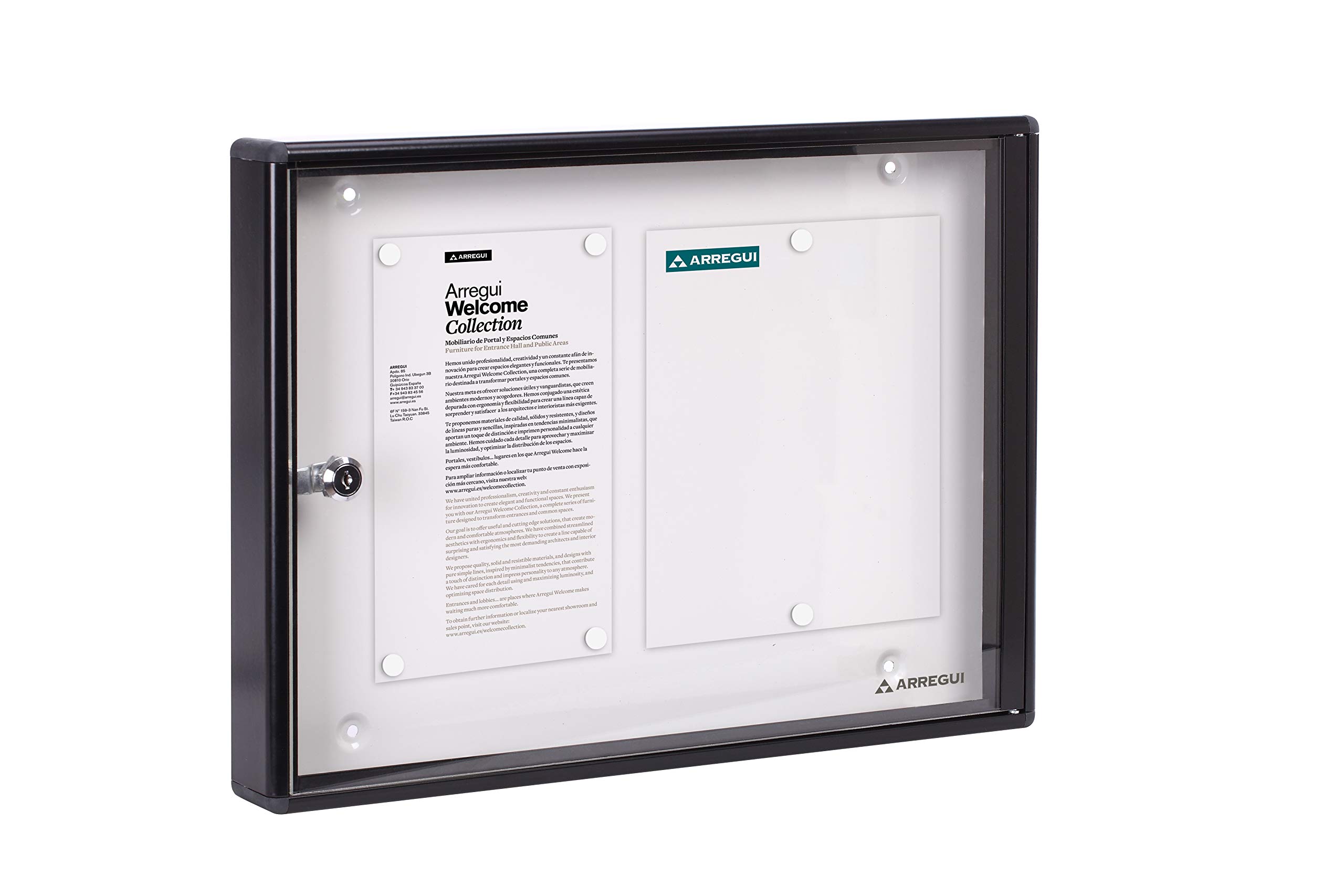 ARREGUI PAN44 Aluminium Display Case for 2 DIN A4 Sheets | Rustproof Display Case | Magnetic Information Box with Key | Information Board | 8 Magnets Including | 35 x 48 x 5 cm | Black