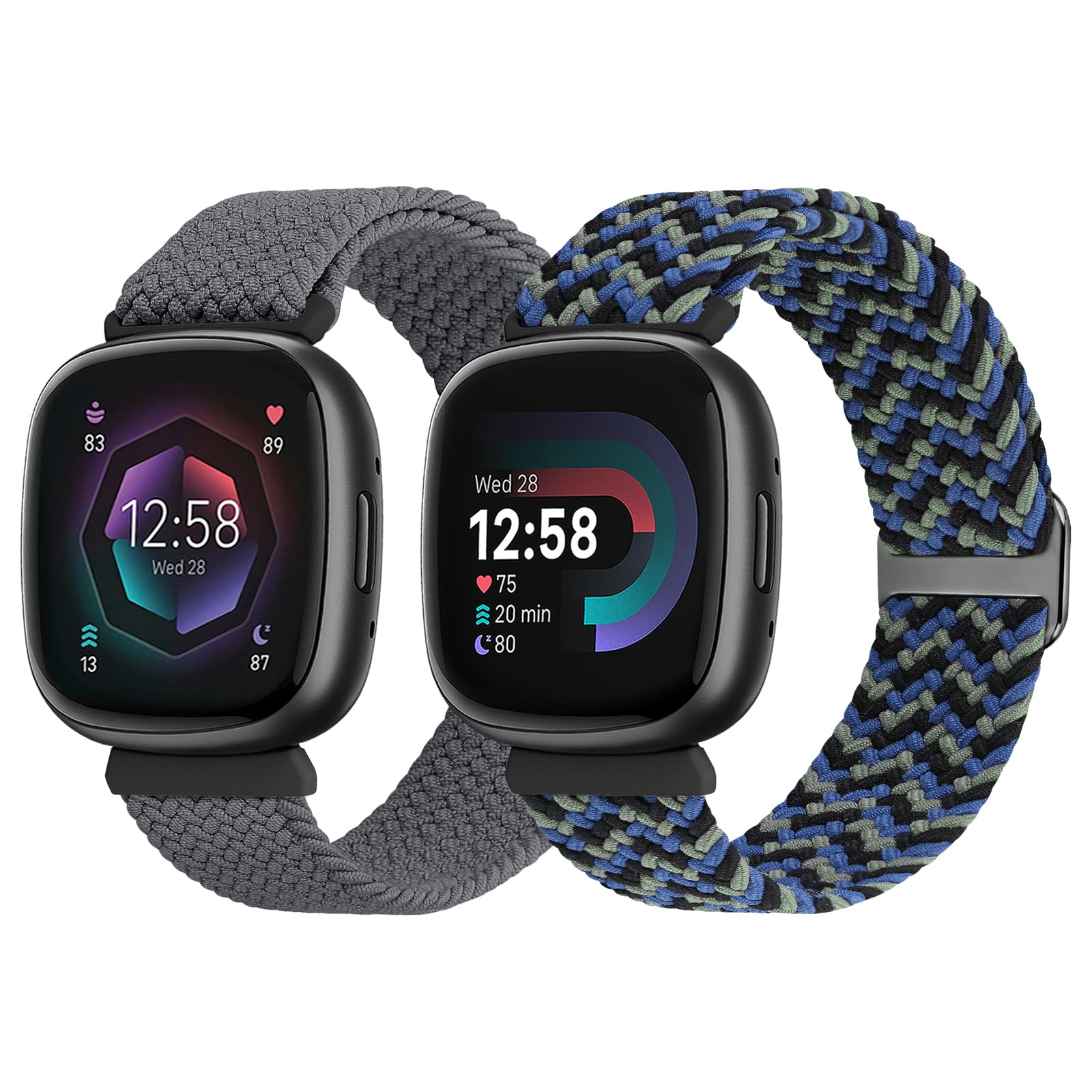 SHIJZWD Elastic Braided Strap Compatible with Fitbit Versa 4/3/Sense 2, 2 Pack Sport Nylon Band Stretchy Replacement Wristband for 3/Versa 4/Sense 2/Sense, Space Grey+Camouflage Blue