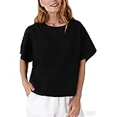 Quemiio Women's Linen Blend Split Boat Neck Blouse - Loose Fit Batwing Sleeve Linen Top for Summer Casual Wear