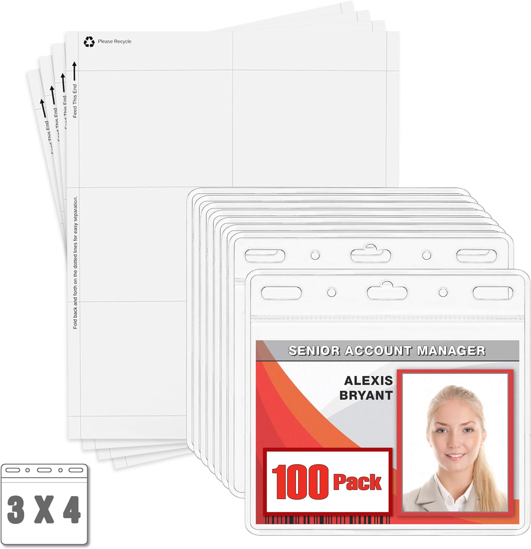 MIFFLIN Clear Plastic Horizontal 4x3 Inch Card Holder Bulk 100 Pack Quick Load No Zipper Name ID Badge with Paper Inserts Kit