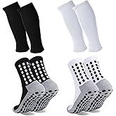 ZXOLDZX 2 Set Grip Soccer Socks with Shin Guard Sleeves Non Slip Soccer Leg Sleeve Socks for Men Women