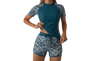 Women Two Piece Rash Guard Hawaii Graphic UPF 50+ Bathing Suit Short Sleeve Shirt and Board Shorts Surfing Swimsuit