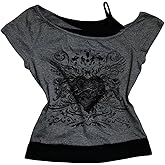 winkbay Women's Goth Graphic Tees Grunge Punk Cold Shoulder Asymmetrical Vintage Rave T Shirts Streetwear
