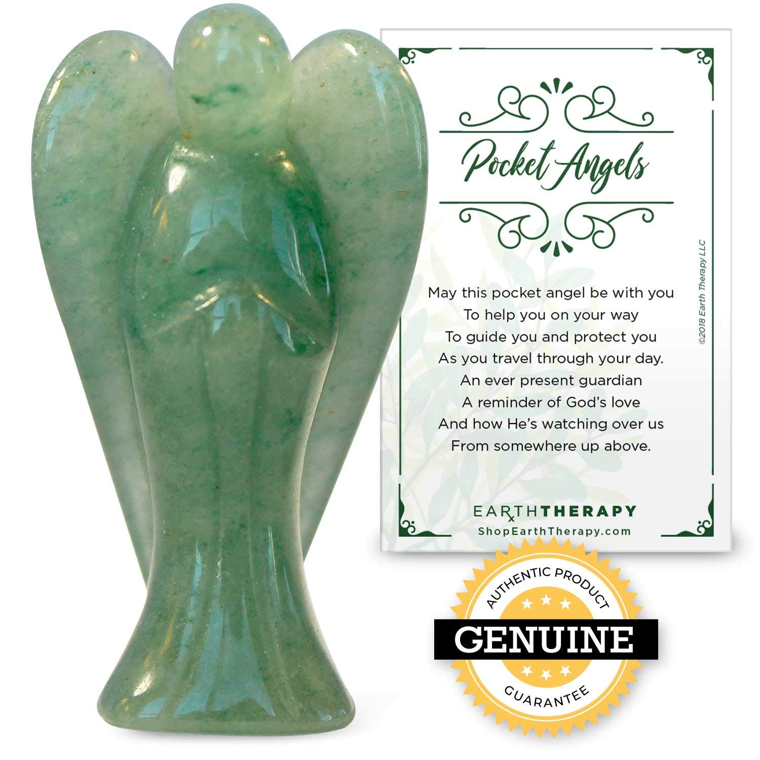 Guardian Pocket Angel with Serenity Prayer Card - Green Aventurine Healing Worry Stone - Genuine Gemstones Sourced by USA Seller - Earth Therapy
