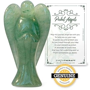Guardian Pocket Angel with Serenity Prayer Card - Green Aventurine Healing Worry Stone - Genuine Gemstones Sourced by USA Seller - Earth Therapy