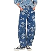 loveimgs Women Y2k Distressed Barrel Jeans Baggy Wide Leg Jeans Floral Printed Boyfriend Patchwork Denim Pants