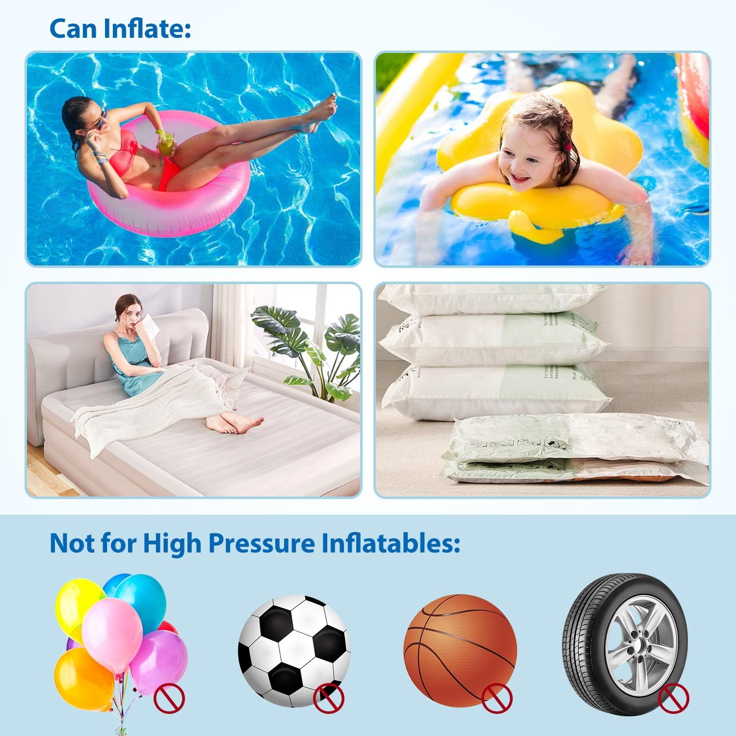 QPAU Electric Air Pump, Rechargeable Portable Air Mattress Pump Quick-Fill Inflator Deflator with 5 Nozzles, Perfect for Camping Inflatable Cushions, Air Mattress Bed, Air Sofa, Pool Inflatables: Sports & Outdoors