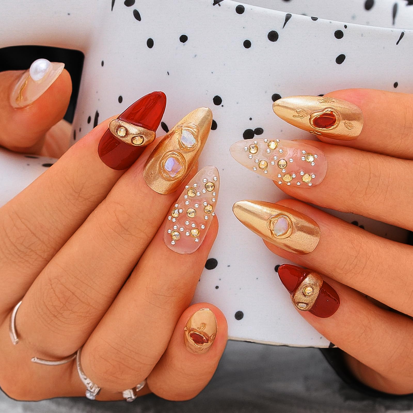 Sethexy Long Almond Handmade False Nails - Gold, Rhinestone, Pearl, Luxury Press on Nails Women Salon Stick on Nails 10PCS