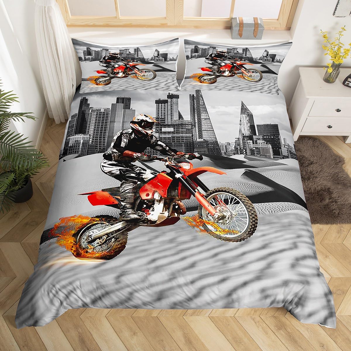 Loussiesd Motorbike Motocross Duvet Cover Set King with 2 Pillow Shams,Grey 3D Photo Print Bedding Sets with Zipper Closure,Soft Comforter Microfiber Modern Quilt Cover Set 3PCs(220x240cm) — image 1