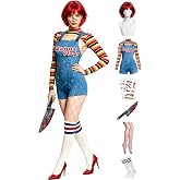 UAYUAY Halloween Chucky Costume for Women Bolero Top Overall Bodysuit Knee-high Socks Scar Tattoos Prop Knife