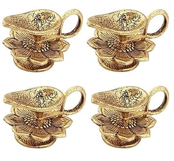 AVICA Combo Offer Oxidized Metal Golden Chirag Diya for Pooja or Puja Deepak Article (Pack of 4)