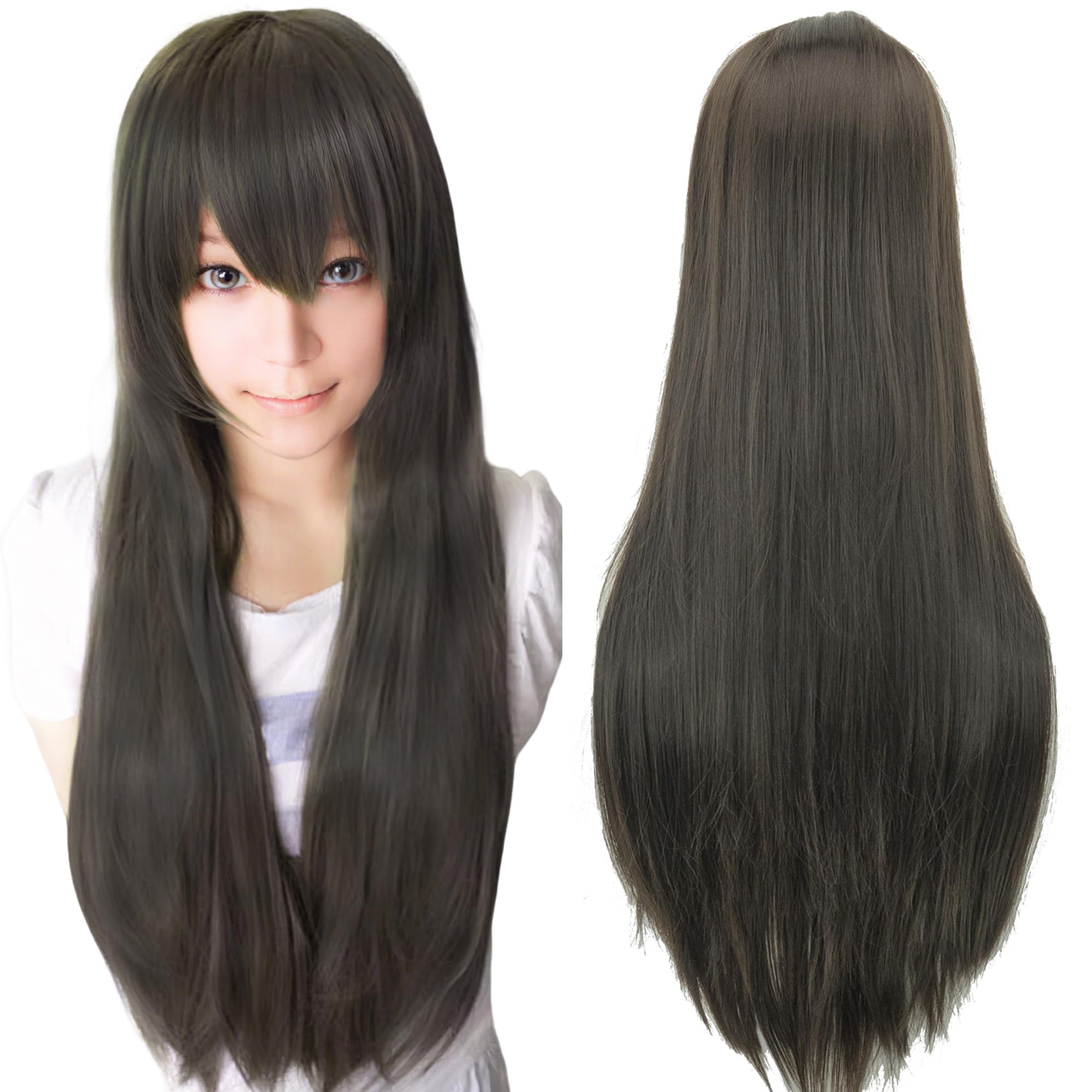 IMISSU 80cm Long Straight Natural Hair Cosplay Wigs with Bangs Colorful Halloween Costume Party Wig for Girl (Black Brown)