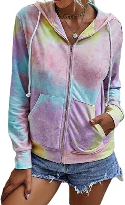 Amazon.com: Womens Pocket Tie Dye Print Hooded Sweatshirt Zip Up Printed Fashion Jacket Coat 