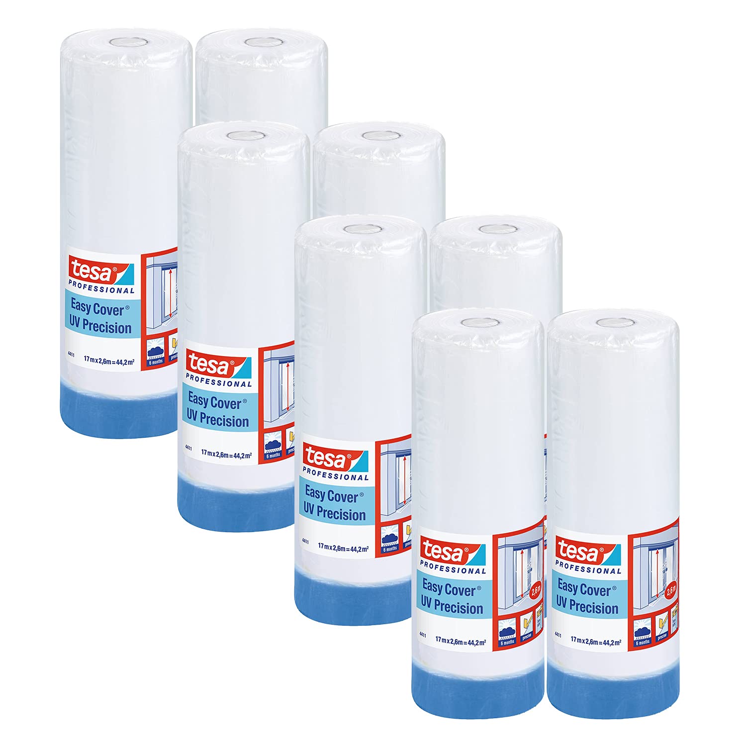 tesa Easy Cover 4411 UV Precision - Pack of 8 - Painter's Film with Masking Tape for Masking and Covering - 2-in-1 Painter's Tape with Film - White/Transparent - Each 17 m x 2.6 m