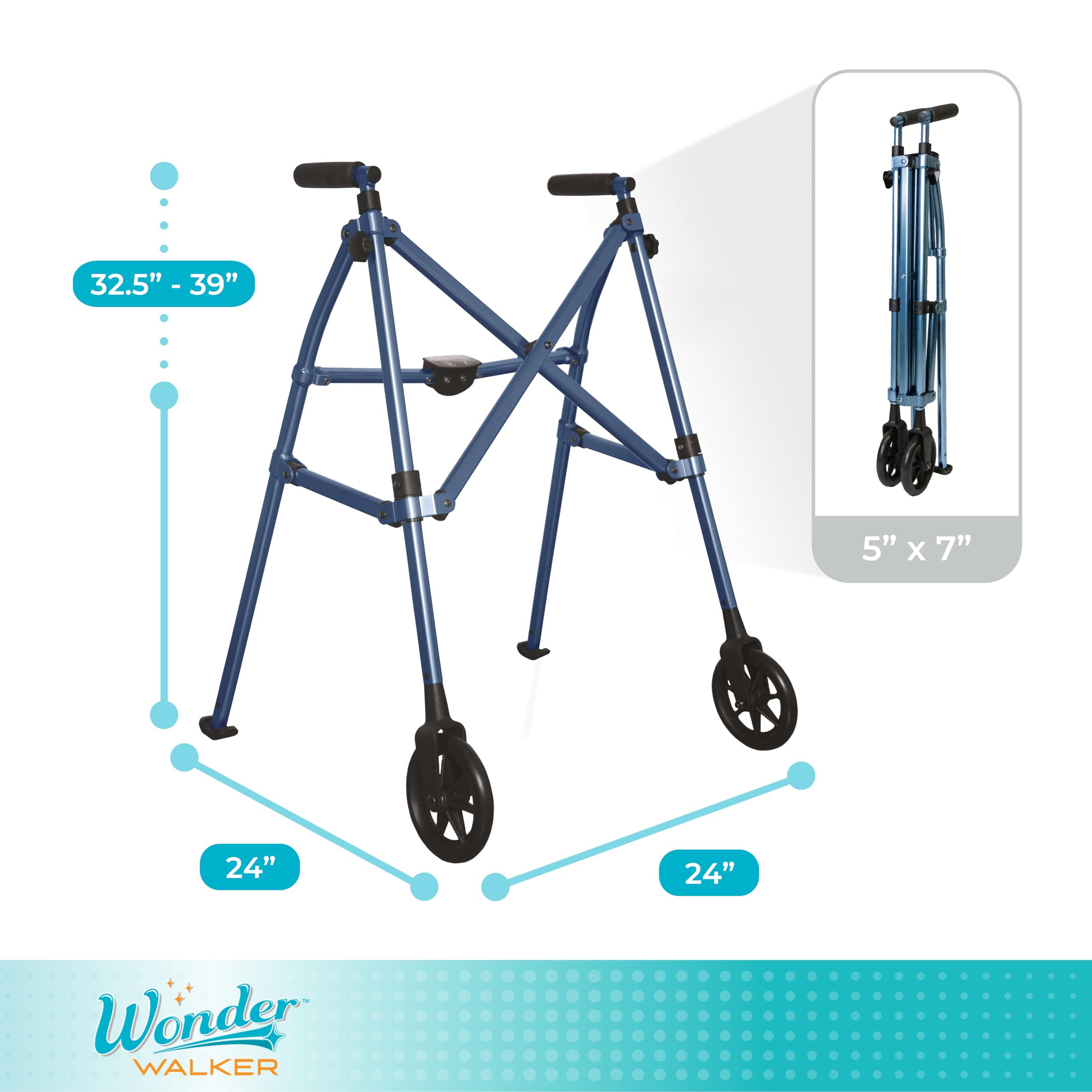 Stander Space Saver Walker, Lightweight Folding Rolling Mobility Aid for Seniors & Adults, Compact 2-Wheel Disability Device with 6-inch Wheels & Ski Glides for Walking Support, Cobalt Blue