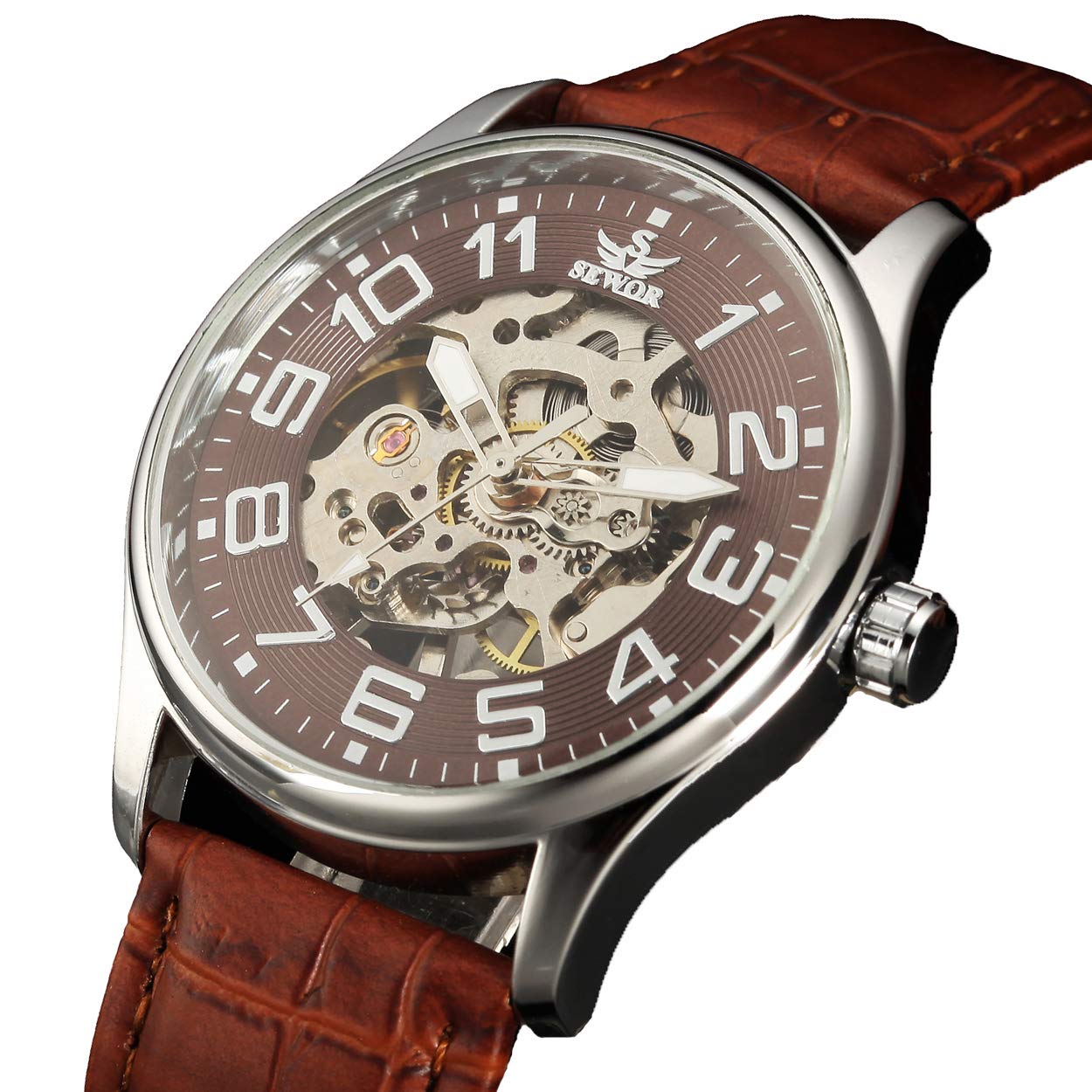 SEWOR orologio da polso scheletrato trasparente con cinturino in pelle (Marrone)