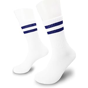 IDUXIY White and Navy Striped Crew Socks, Soft Cotton Blend Retro Socks for Men, Women and Teens (124)