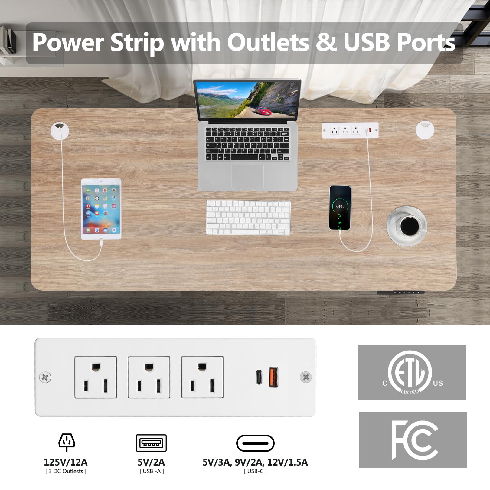 Electric Standing Desk 55 x 24In with Charging Station, Adjustable Height Desk with Oversized Mouse Pad, 2 USB Ports & 3 Power Outlets, 4 Caster, 4 Preset Heights, 27''-45'' Lifting Range