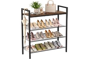WIN4ALL Shoe Rack for Front Door Entrance, 4 Tier Shoe Rack for Entryway, 12-16 Pairs of Shoes, Metal Shoe Rack Organizer, Free Standing Shoe Rack for Closet (Black+Rustic Brown)