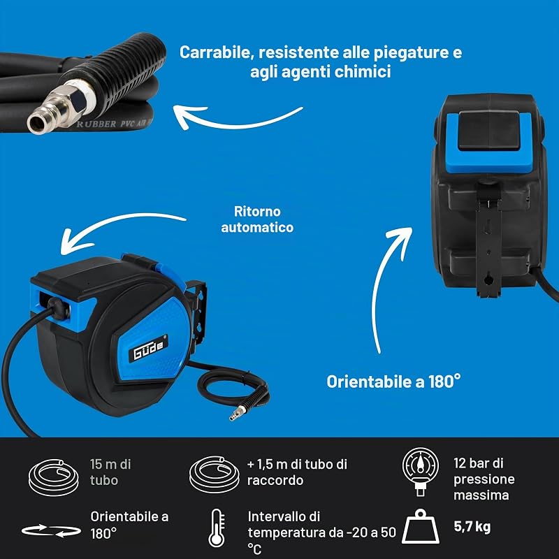 2882 - Avvolgitubo automatico, 15 m (12 bar max. pressione di lavoro, diametro interno 9,5 mm, spessore parete 3 mm)
