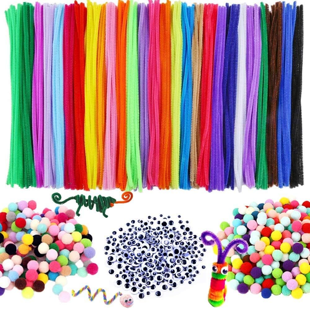 DIYASY 720Pcs Pipe Cleaner Craft Set, Chenille Stems Set Include 200Pcs Pipe Cleaner 320Pack Colorful Pompoms Assorted and 300Pcs Wiggle Googly Eyes for Craft Supplies