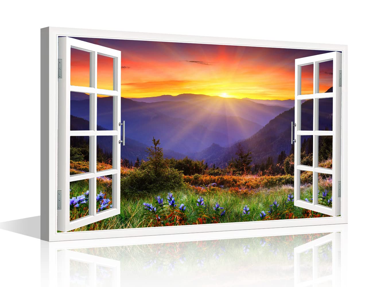 Window Frame Wall Decor A Peaking View Through The Forest of The Morning Sunrise Picture Canvas Wall Art for Bedroom Canvas Wall Art Modern Artwork Office Decor Framed Ready to Hang (18"W x 12"H)