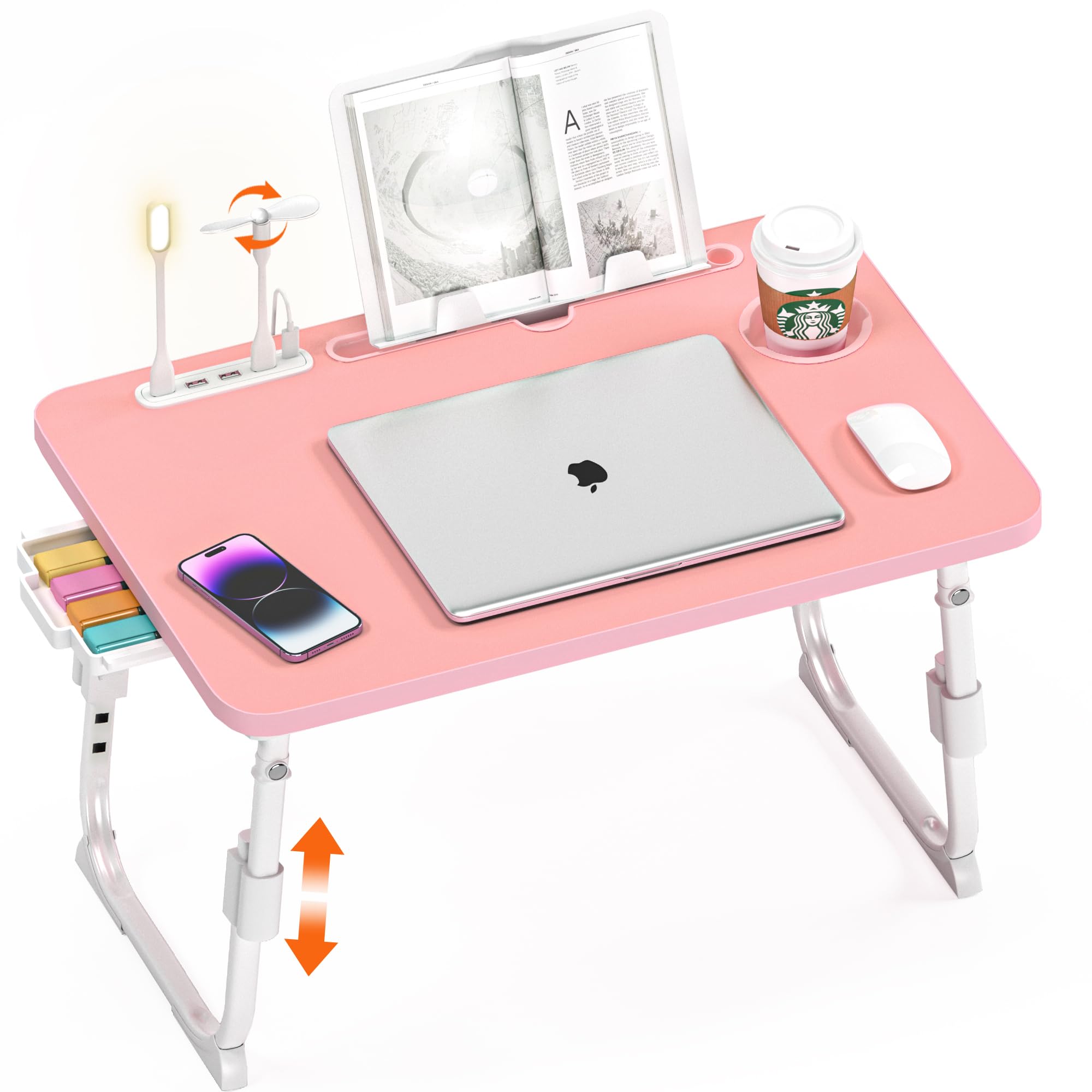 Photo 1 of DECOSIS Bed Desk Height Adjustable, Bed Laptop Table with USB/Storage Drawer/Cup Holder/Tablet Stand/Book Shelf, Foldable Breakfast Tray Portable for Reading Writing, Bed, Sofa & Floor, Wood, Pink