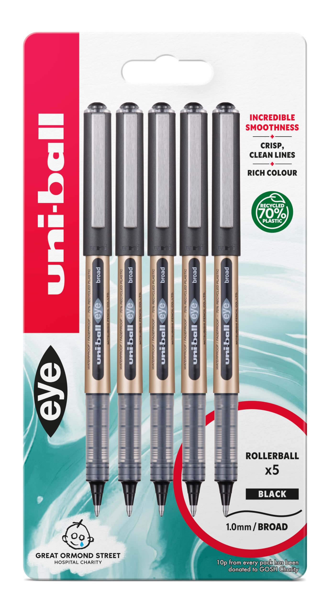 uni-ball UB-150-10 Eye Broad Point Ballpoint Pen 1.0mm for Handwriting, Drawing, Art, Crafts and Coloring, Plain Liquid Ink Super Water and Fade Resistant - Black (Pack of 5)